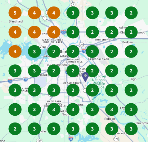 December 2025 local ranking grid showing improved green local map rankings for Sunbelt Contractors.