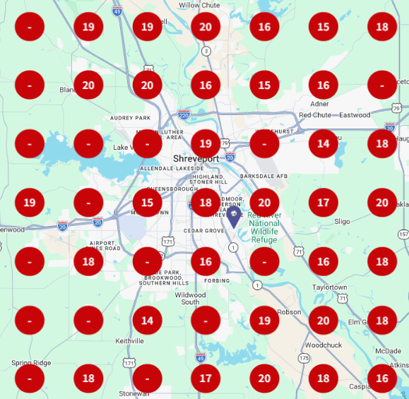 July 2025 local ranking grid showing weak red local map rankings for Sunbelt Contractors.