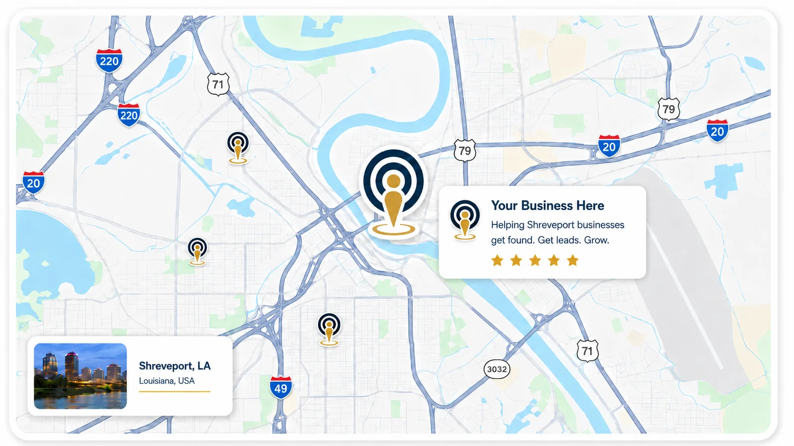Shreveport map with On Point pins used as a local ranking grid backdrop